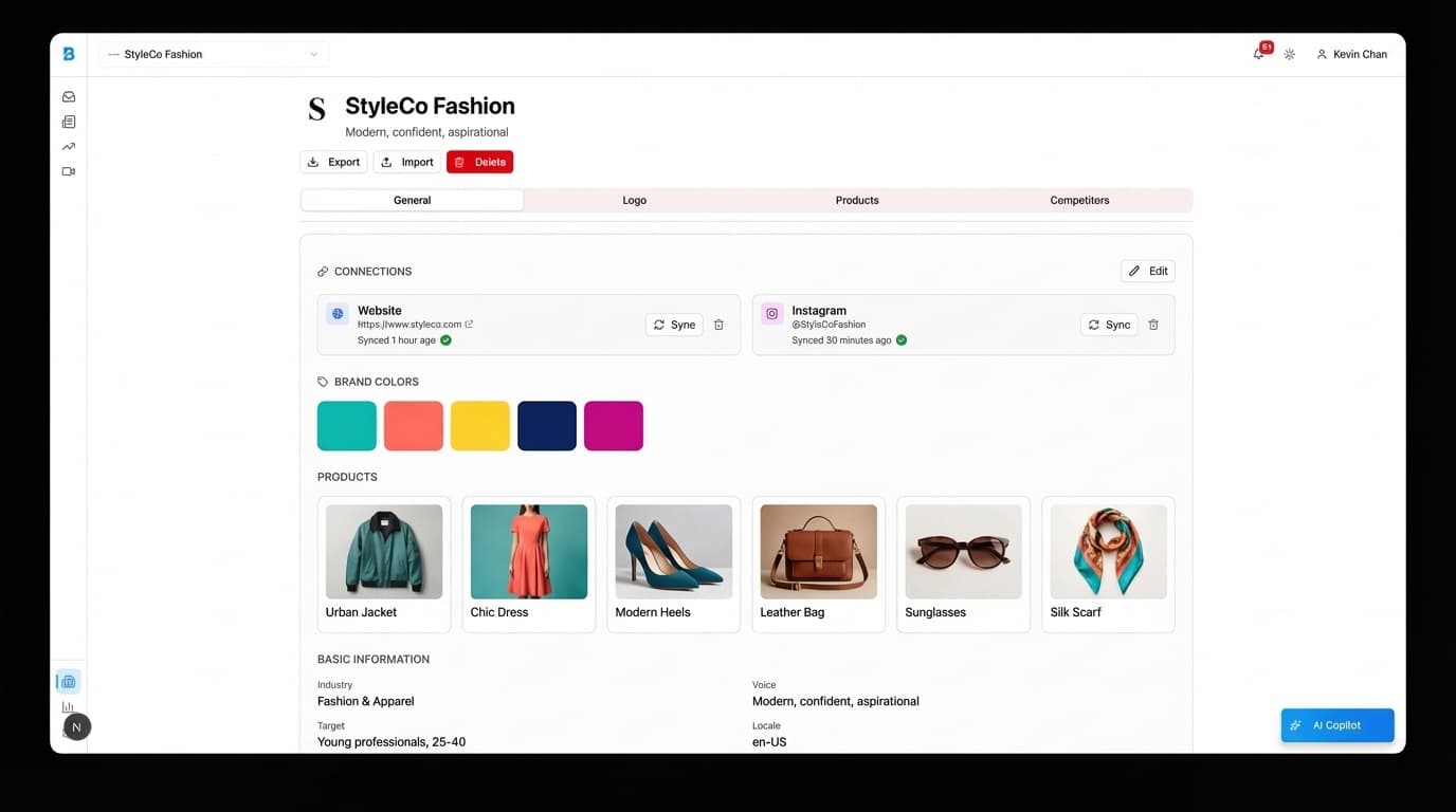 Brand profile showing extracted brand information