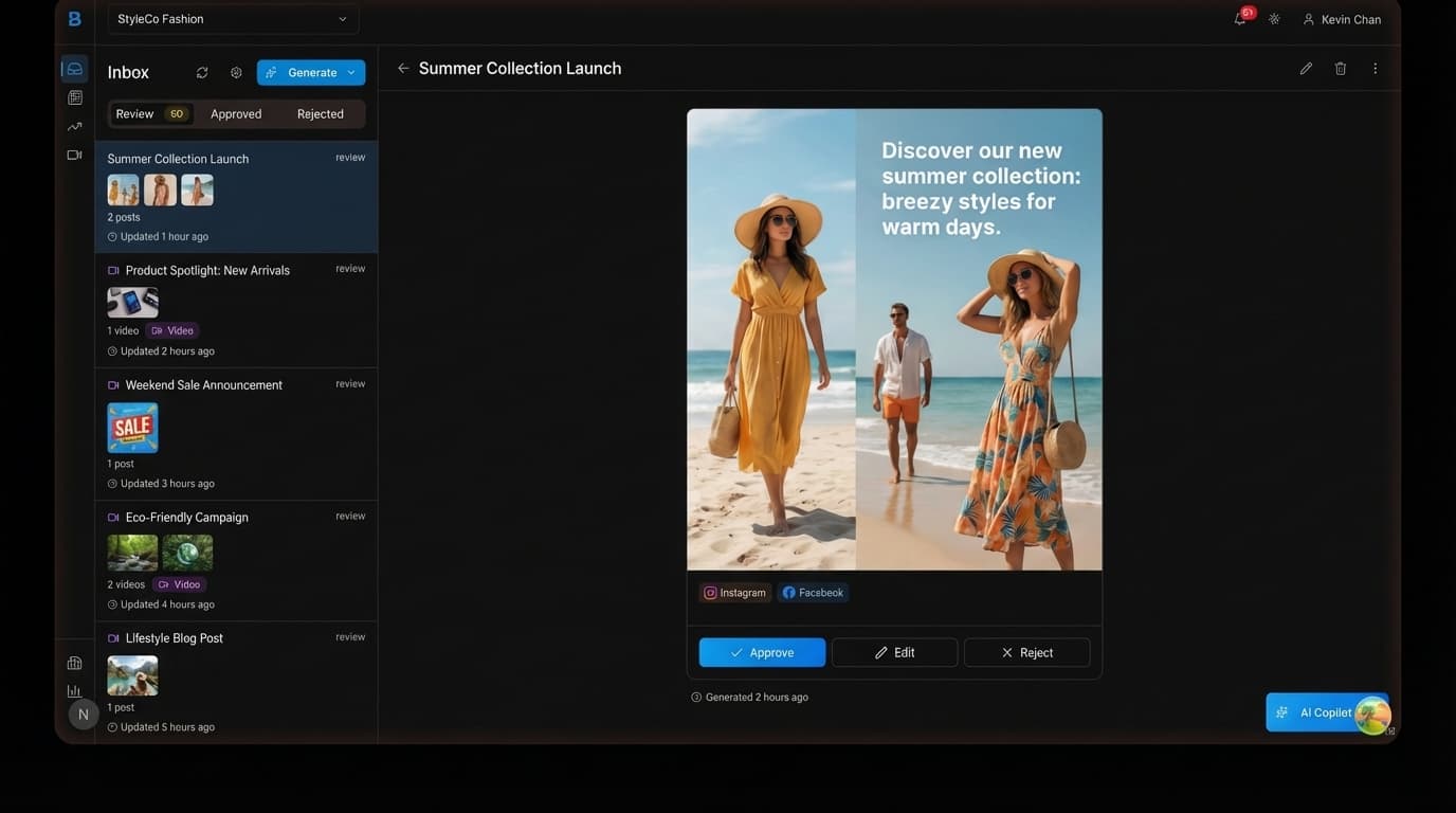 BOS Dashboard showing AI-generated marketing content in the inbox