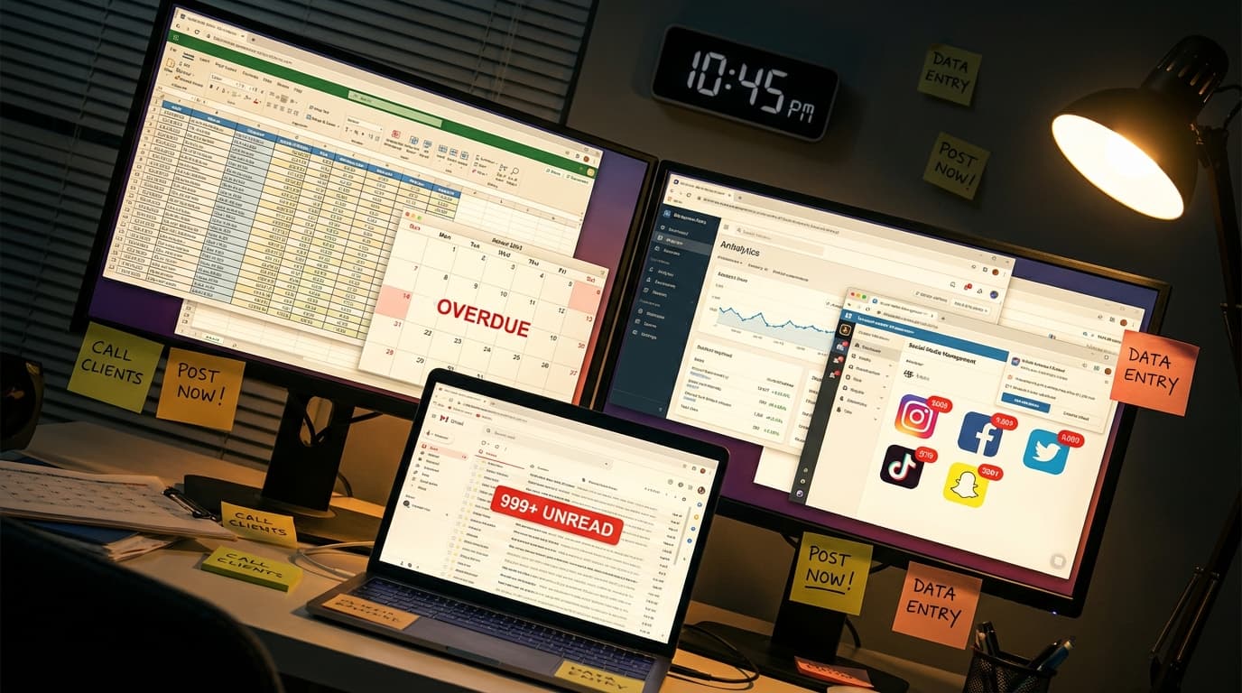 Chaotic marketing workspace with overwhelming data, overdue tasks, and unread emails